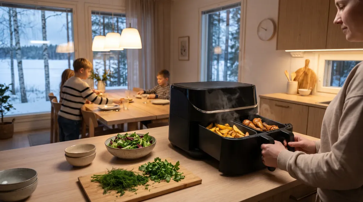 Airfryerin kori täynnä rapeita perunalohkoja ja broilerinkoipia perheen keittiössä