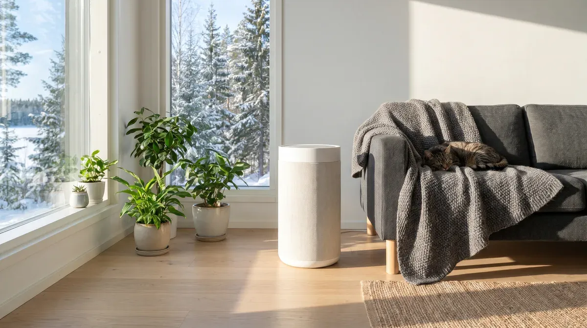 Ilmanpuhdistin valoisan olohuoneen lattialla sohvan vieressä