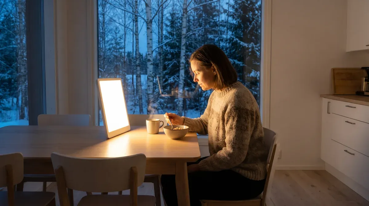 Kirkasvalolamppu valaisee aamiaispöytää pimeänä talviaamuna
